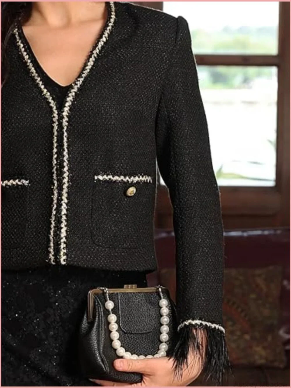 Collarless Cropped Tweed Blazer with Pockets Long Sleeve V-Neck Dressy Jacket